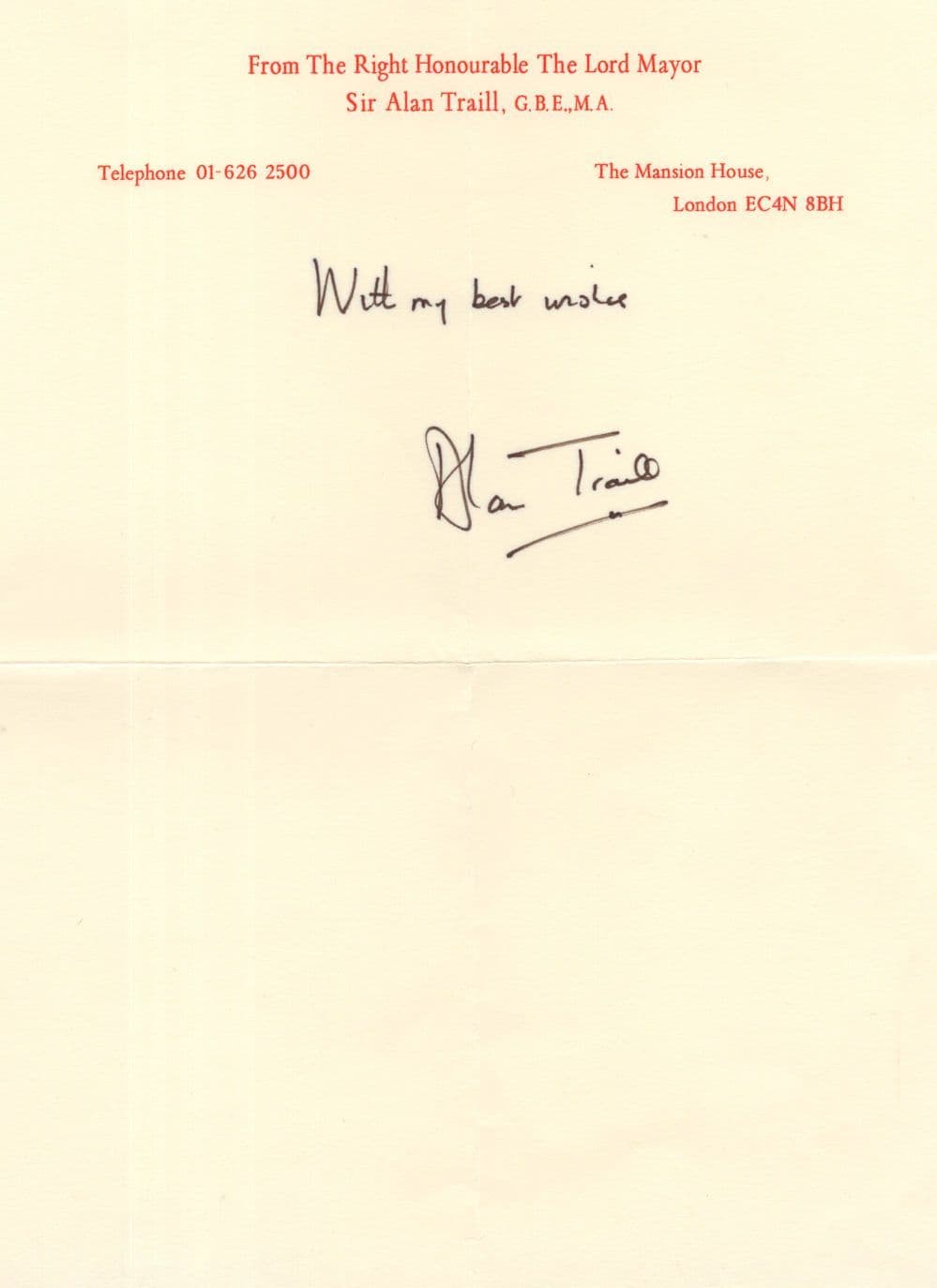 Alan Trail 1980s London Mayor Hand Signed Letter Autograph