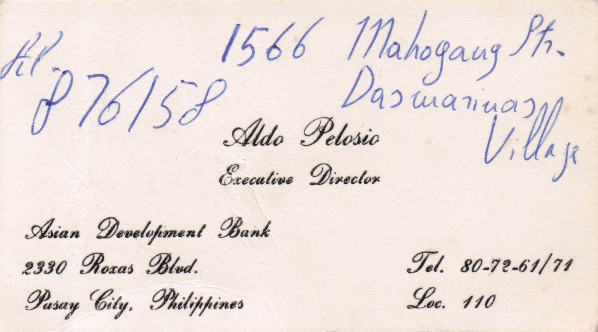 Aldo Pelosio Asian Development Bank Pasay City Philippines Card