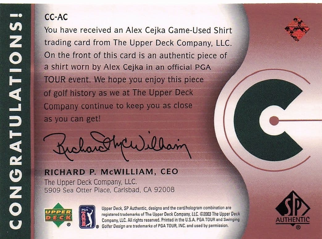 Alex Cejka Course Classics 2003 Authentic Worn PGA Tour Golf Shirt Card