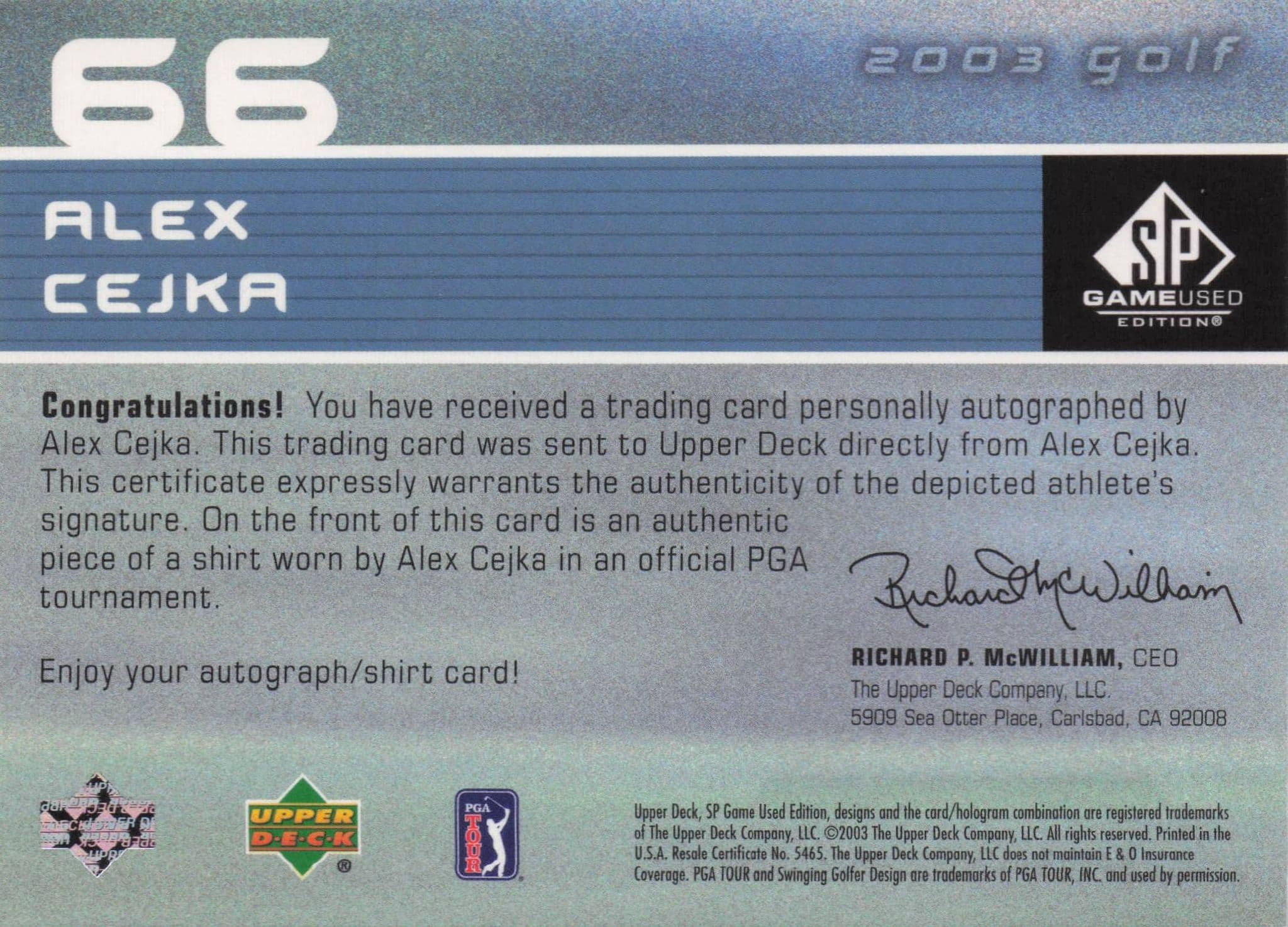 Alex Cejka First Tee SP 2003 Golf Hand Signed Worn PGA Shirt Card