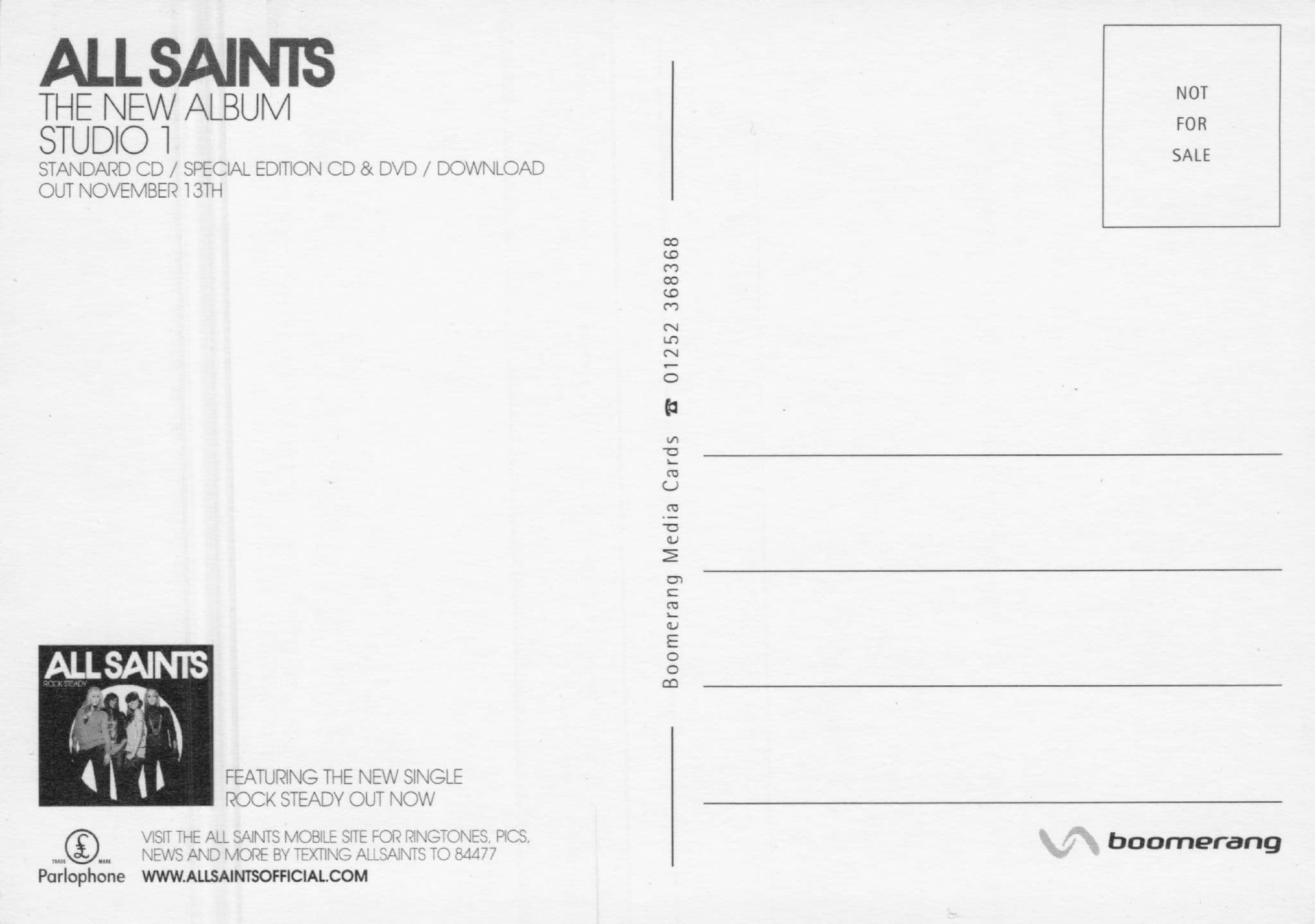 All Saints Studio 1 One CD Album Launch Music Advertising Postcard