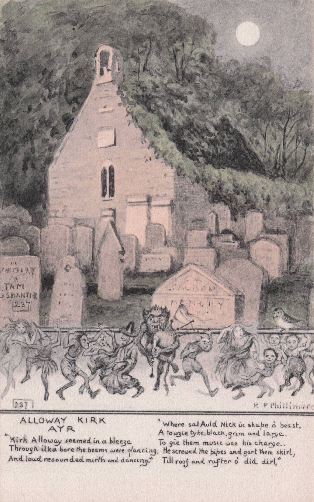 Alloway Kirk Ayr Demons Ghosts Dancing Scottish Phillimore Old Postcard