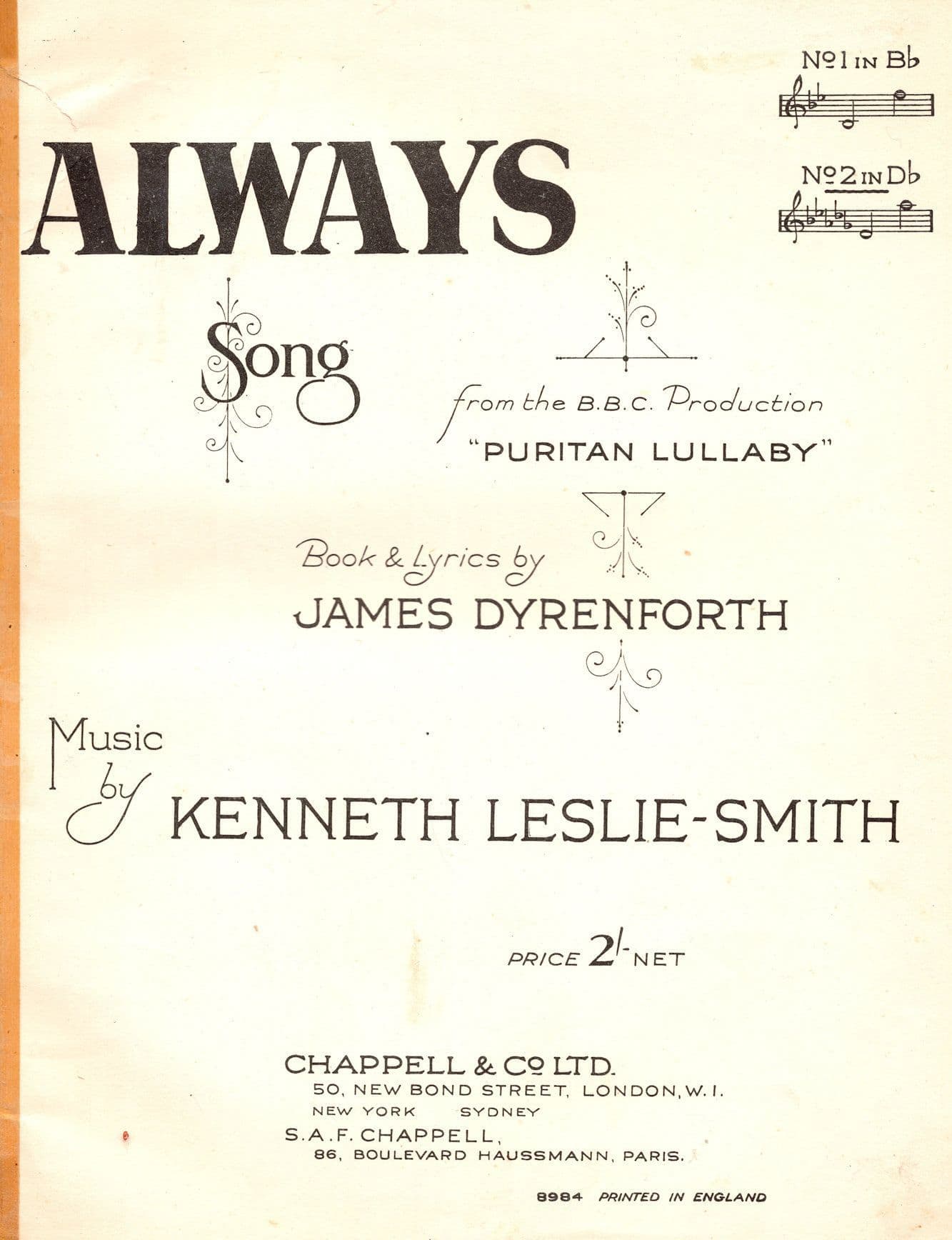 Always Song BBC TV Show Puritan Lullaby Kenneth Smith Olde Sheet Music