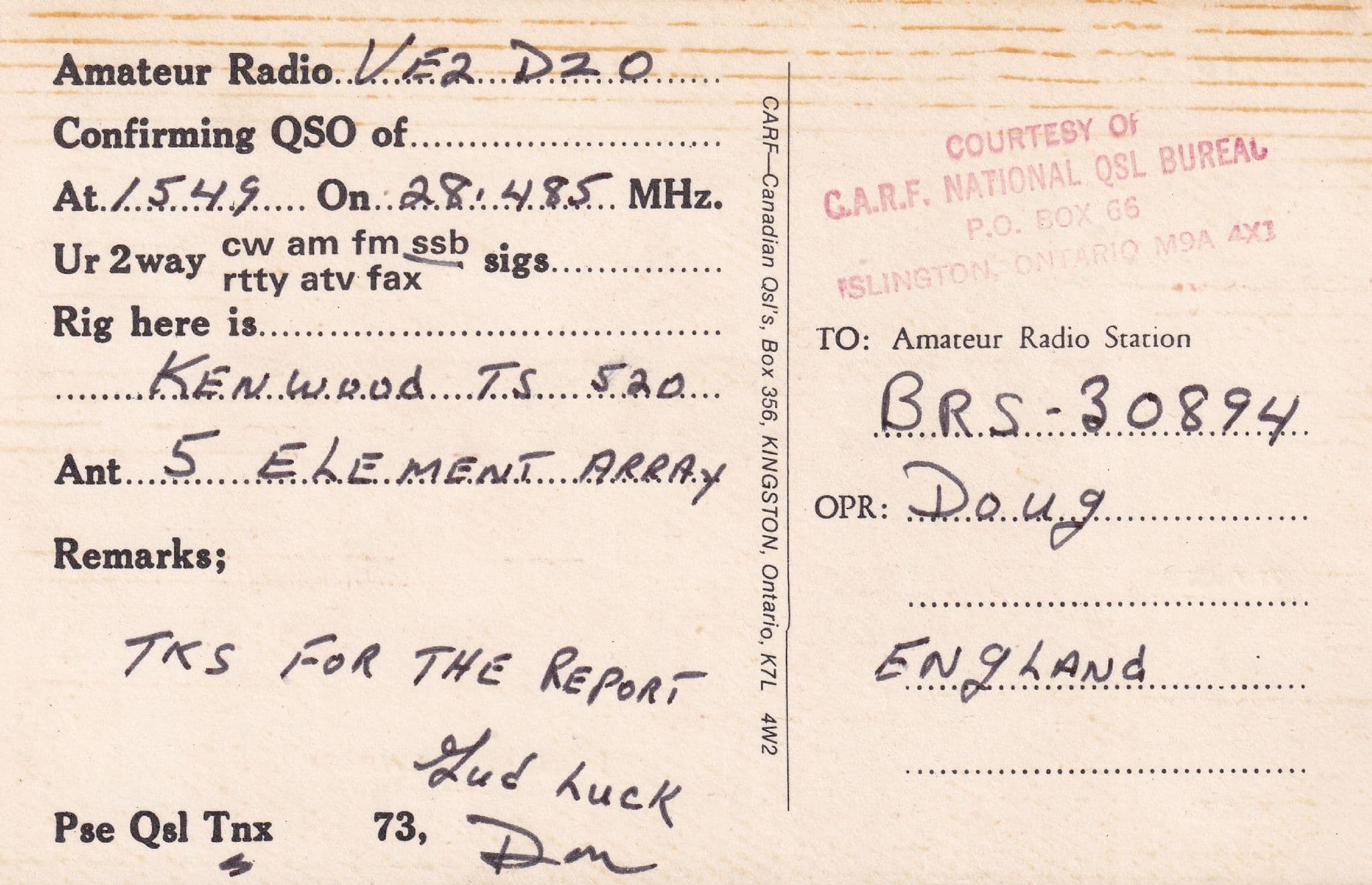 Alymer Quebec Canada QSL Radio Card