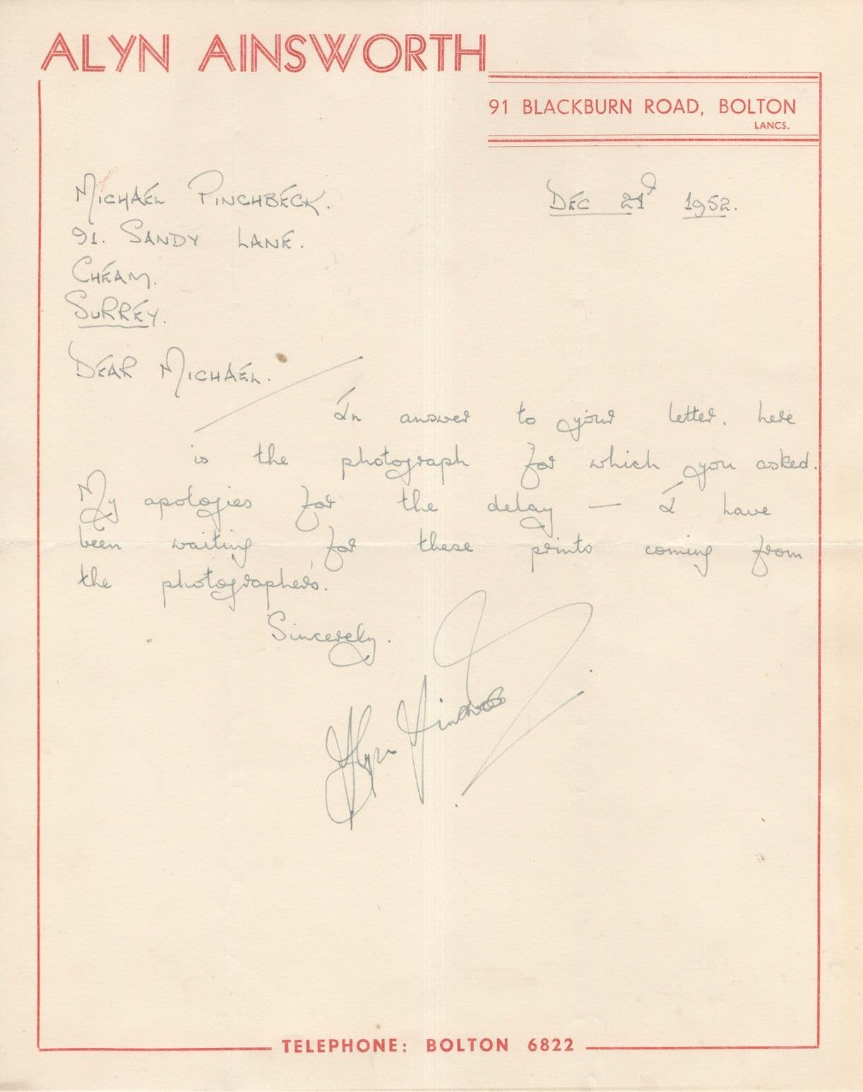Alyn Ainsworth Spot The Tune 1960s TV Quiz Show Hand Signed Old Letter