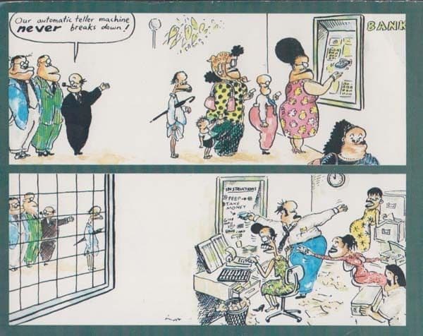 American Bank Cash Teller Machine Breaking Down Broken USA Comic Humour Postcard