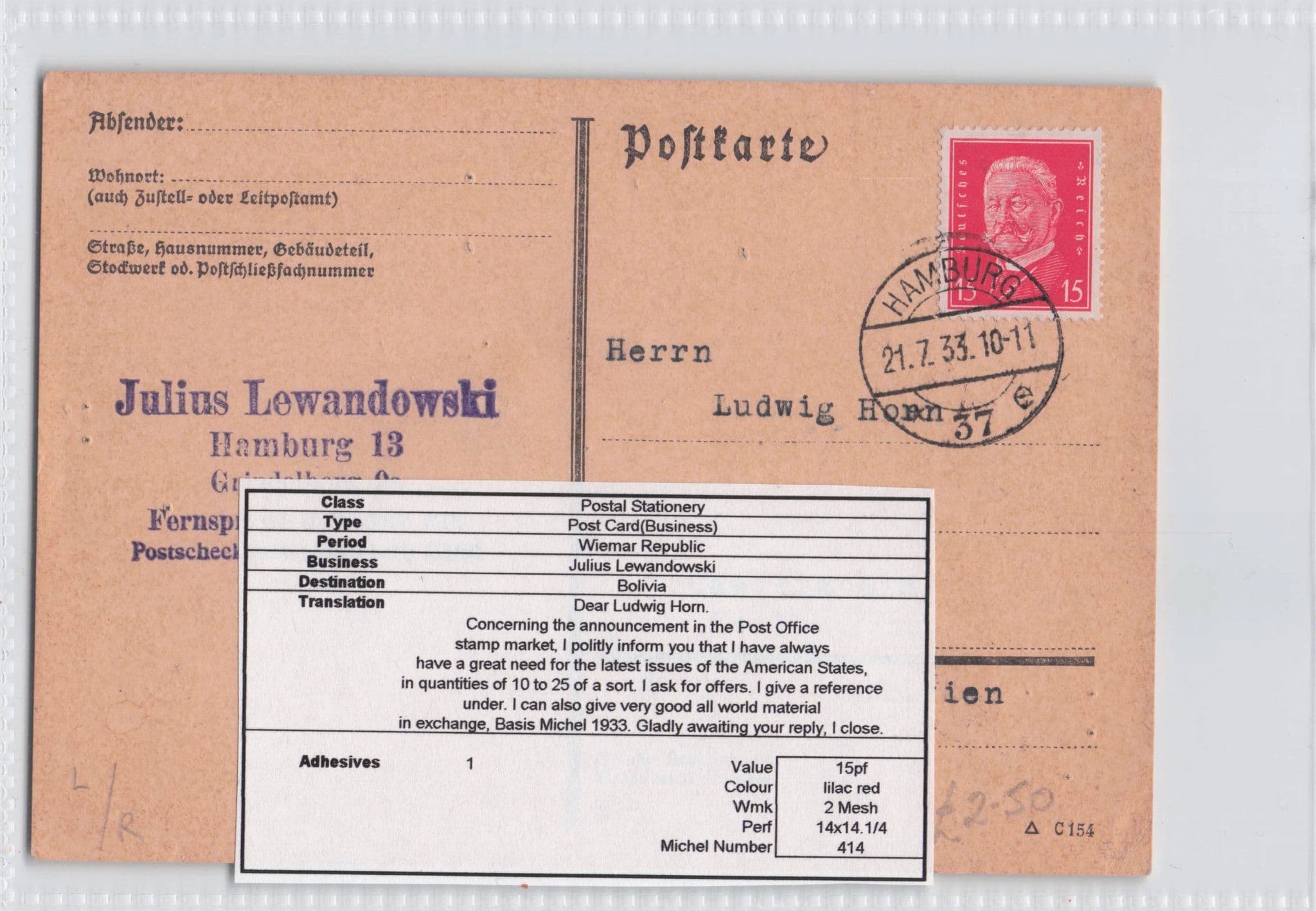 American States Philately Collector Hamburg 1933 German Old Postcard