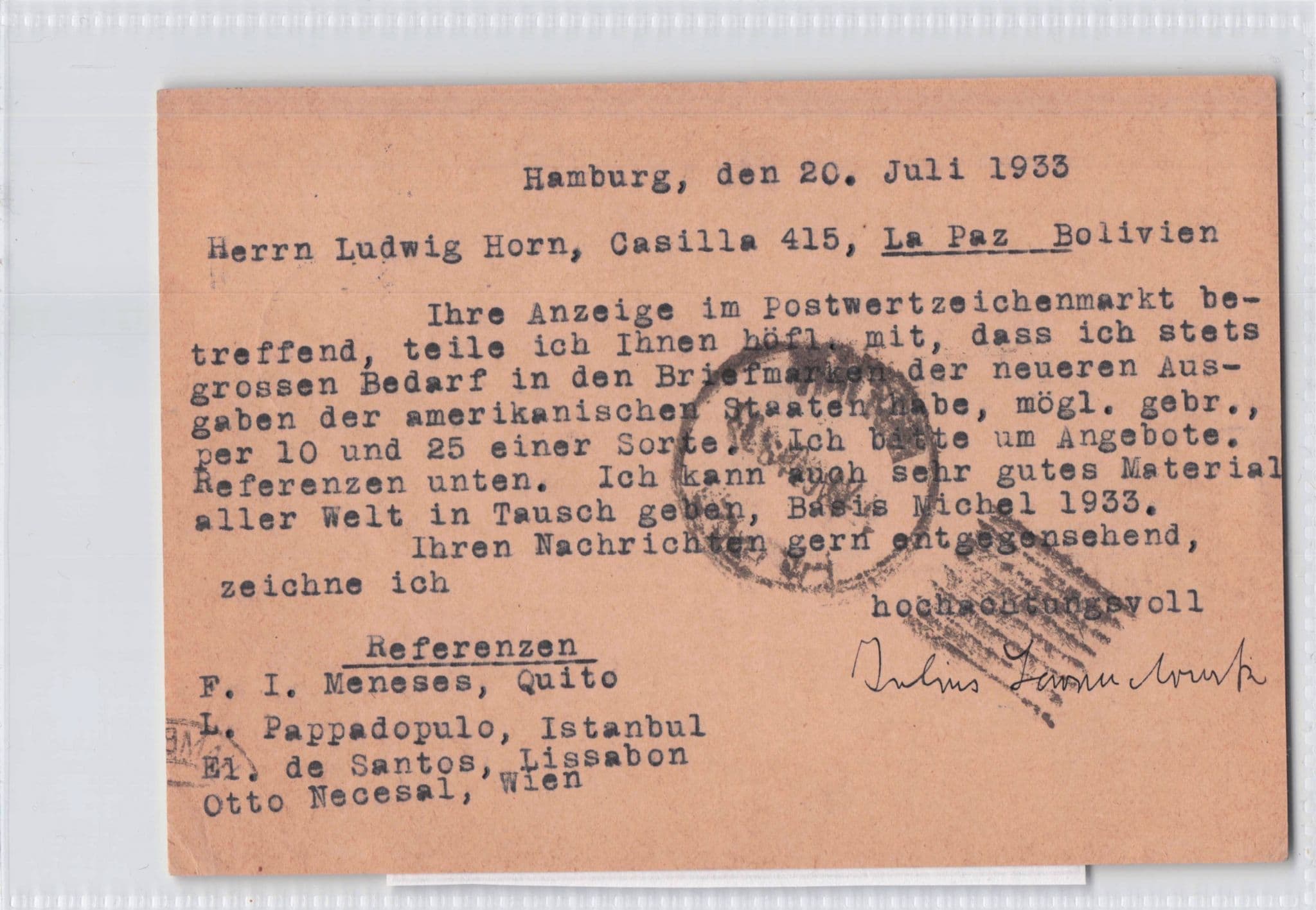 American States Philately Collector Hamburg 1933 German Old Postcard
