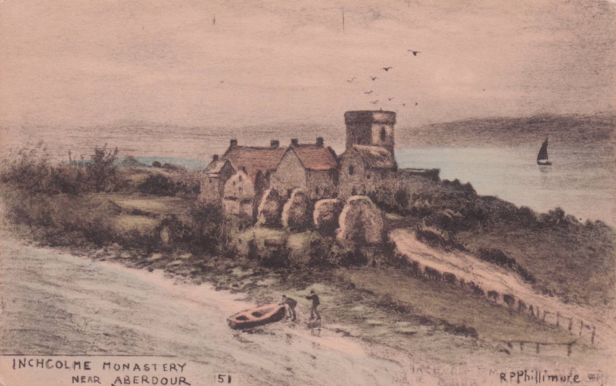 Anchoring A Boat at Incholme Monastry Aberdour Phillimore Old Postcard
