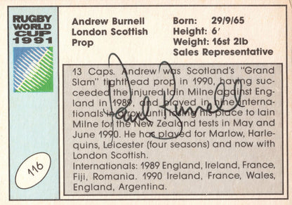 Andrew Burnell Scotland Hand Signed Rugby 1991 World Cup Card Photo
