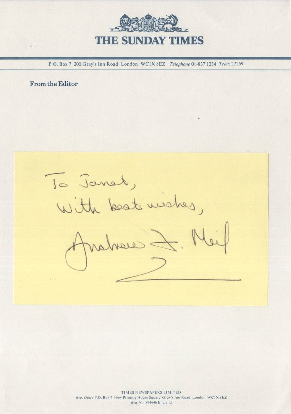 Andrew Neil Autograph Laid On 1980s Sunday Times Headed Paper