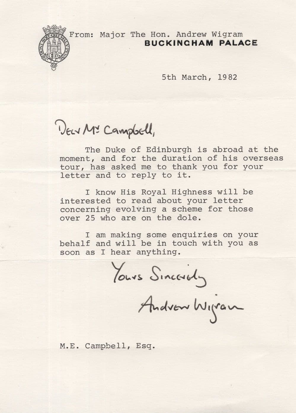 Andrew Wigram 1980s London Mayor Buckingham Palace Hand Signed Letter