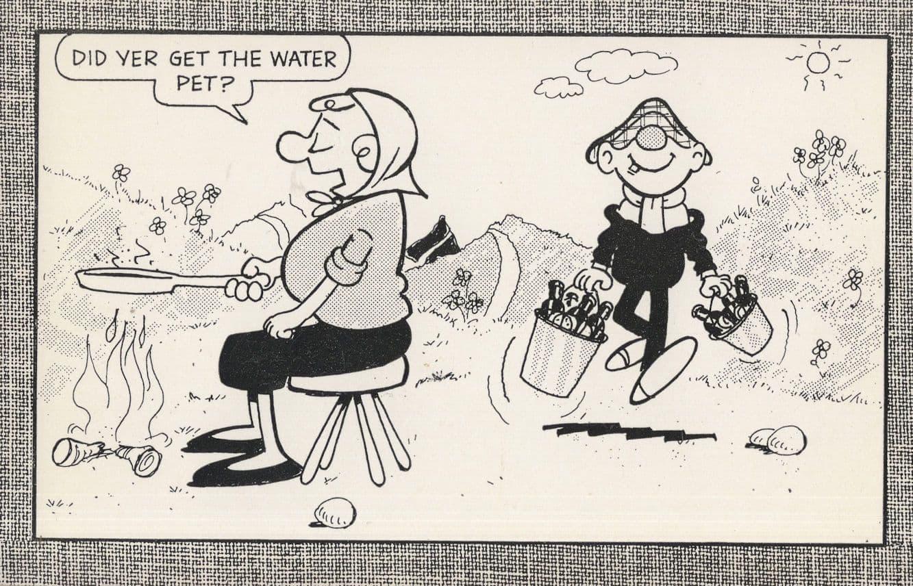 Andy Capp & Flo Camping Bonfire Camp BBQ Fire Comic Postcard