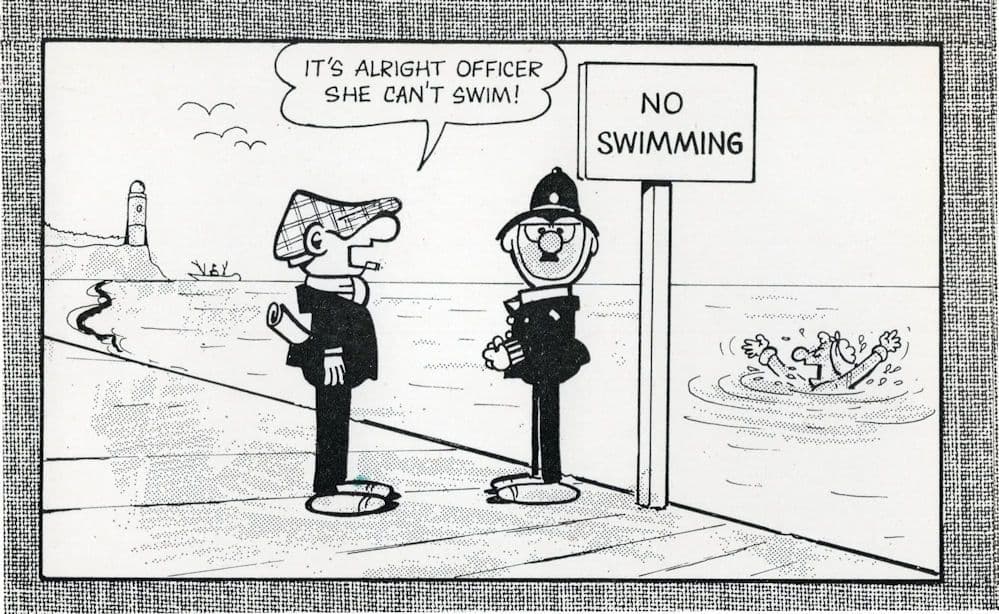 Andy Capp Flo Drowning Policeman Disaster Comic Postcard