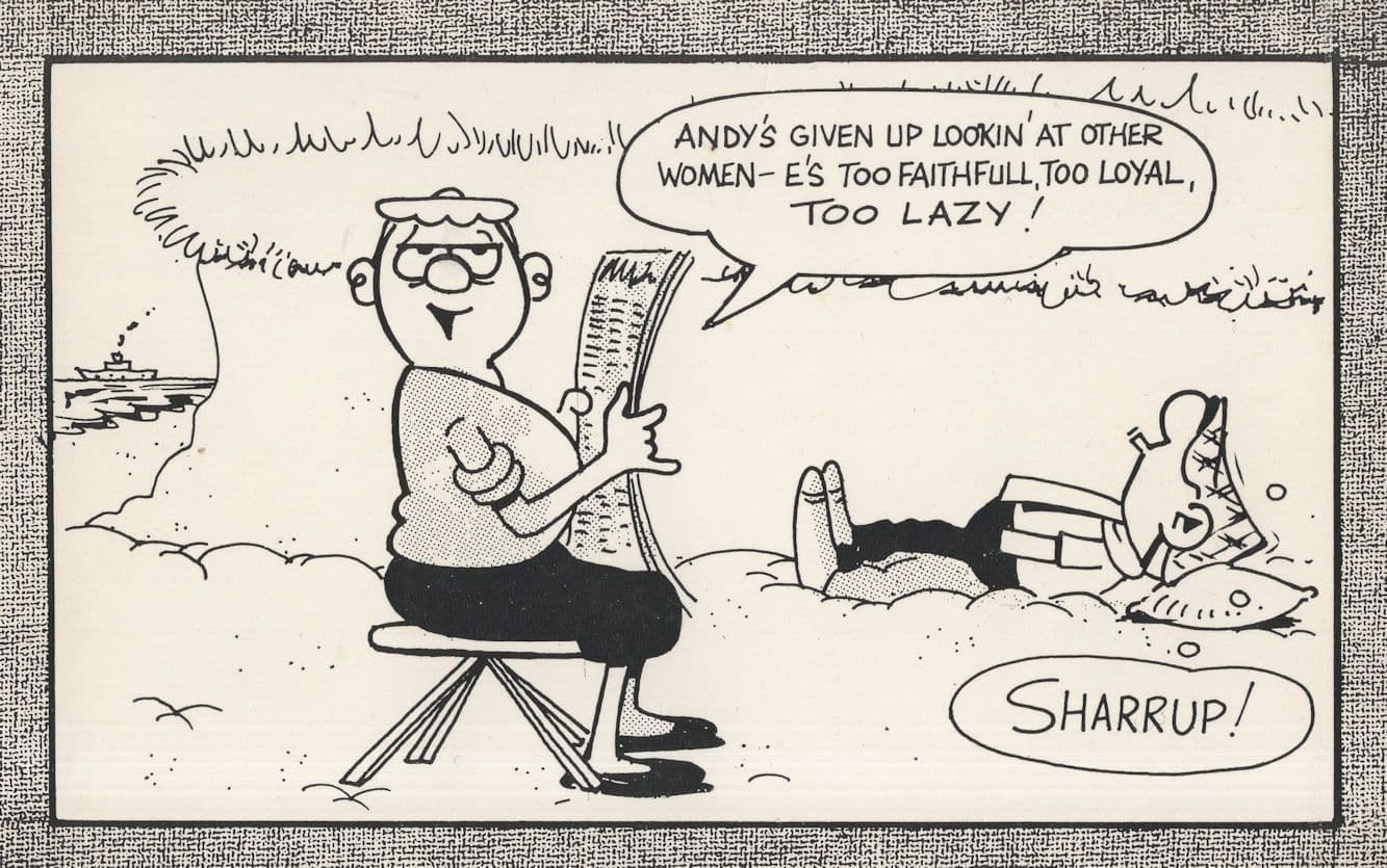 Andy Capp & Flo Newspaper On Beach Comic Seaside Humour Postcard