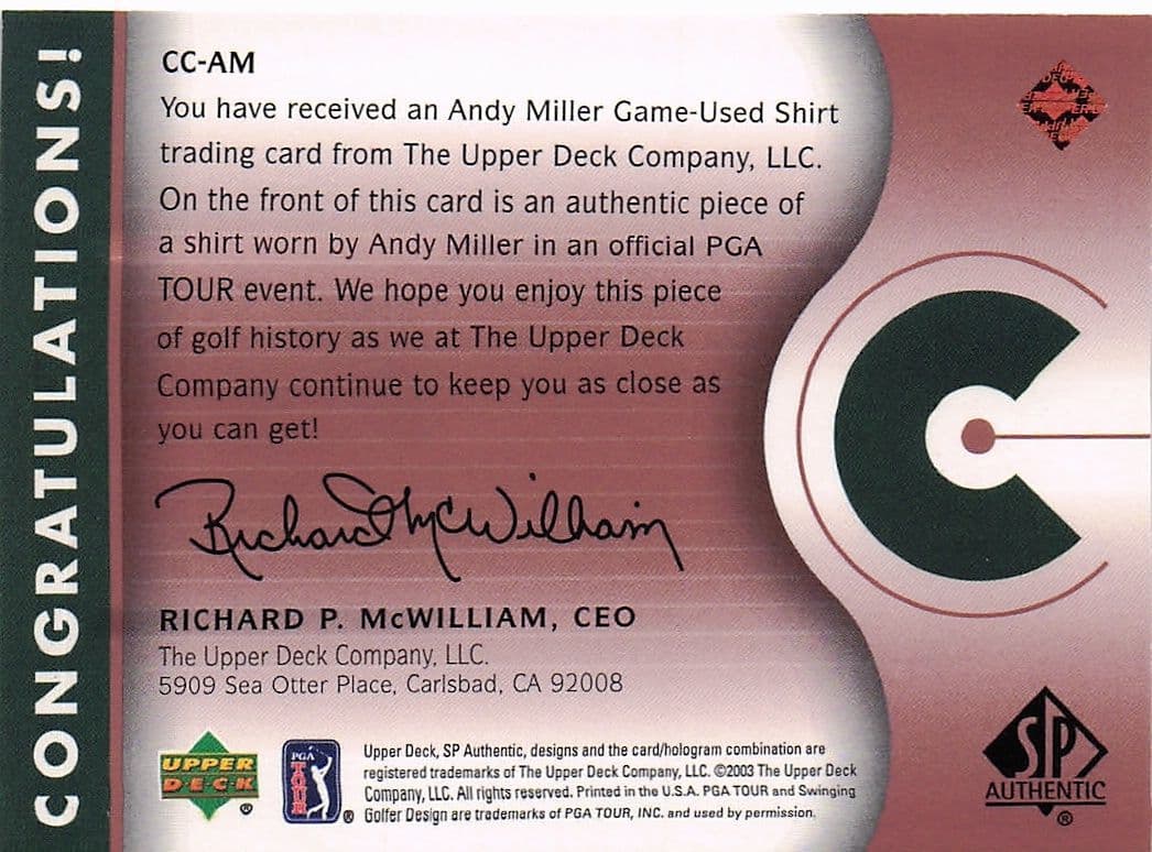 Andy Miller Course Classics 2003 Authentic Worn PGA Tour Golf Shirt Card