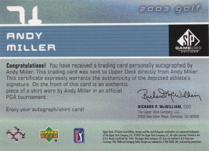 Andy Miller First Tee SP 2003 Golf Hand Signed Worn PGA Shirt Card