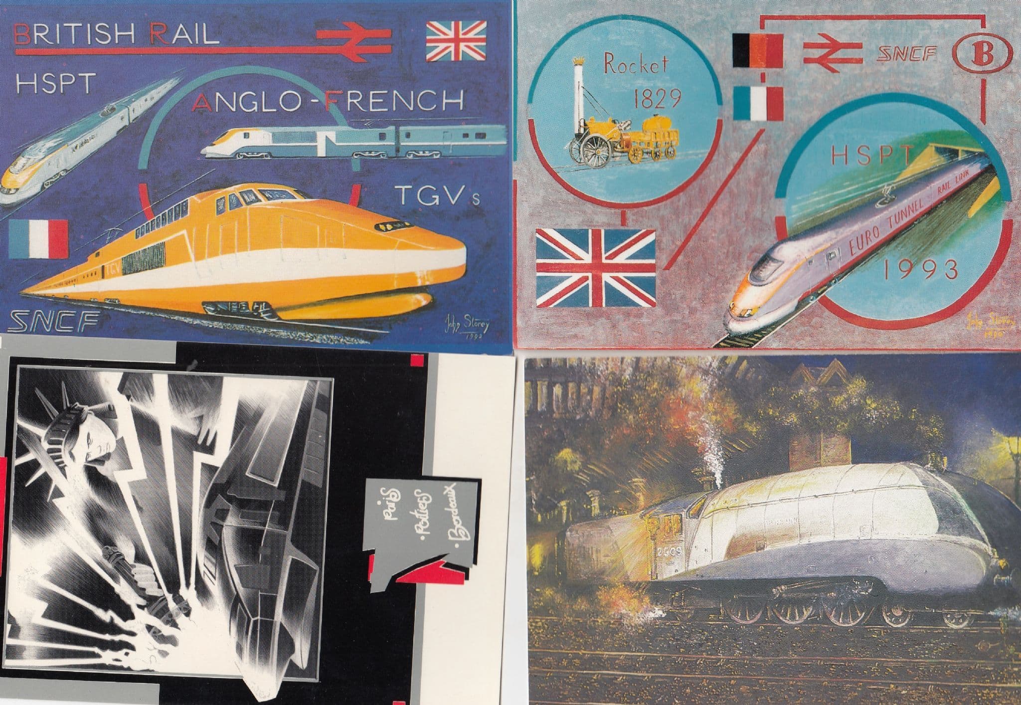 Anglo French TGV Silver Link 1829 Rocket 4x Train John Storey Painting Postcard s