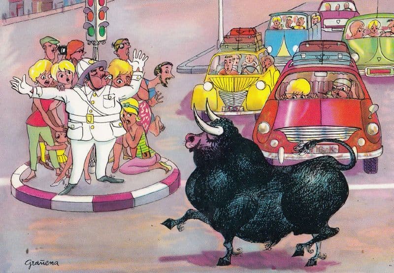 Angry Bull Stopping Policeman Traffic Police Spanish Comic Postcard