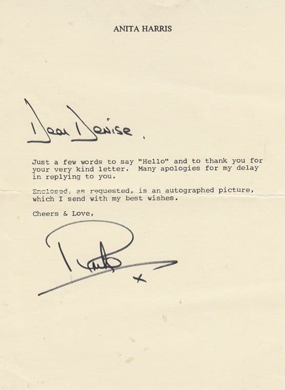 Anita Harris Eastenders Hand Signed Letter To Fan On Official Headed Paper