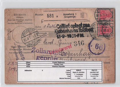Annaberg Erzweg Germany 1921 Packet Coupon Antique Postcard