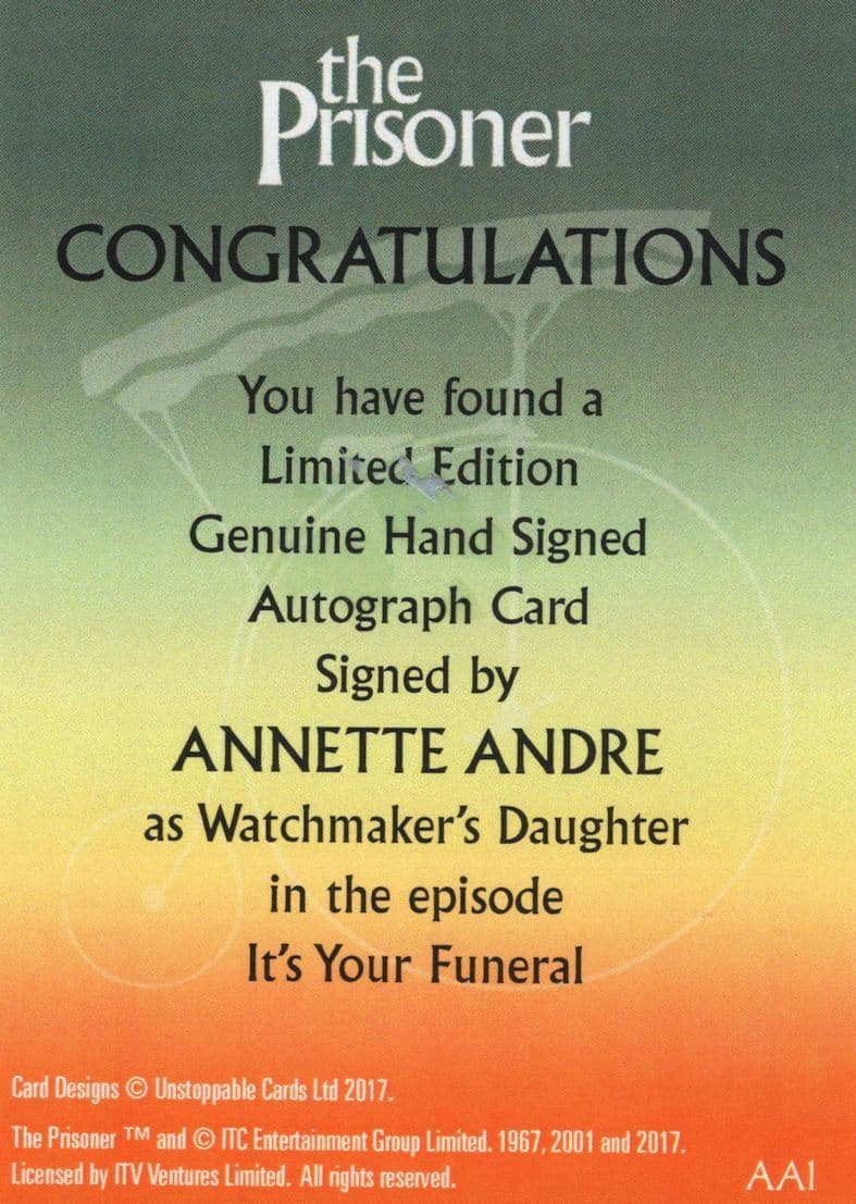 Annette Andre The Prisoner TV Show Watch Maker Autograph Signed Card