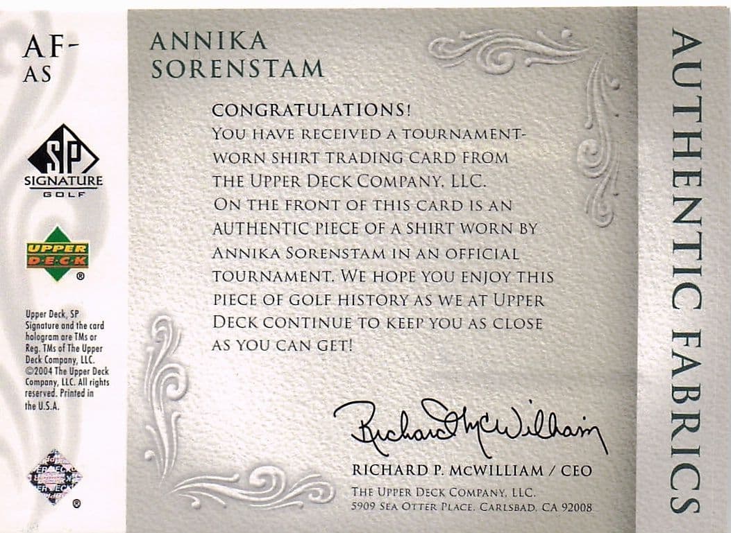 Annika Sorenstam Authentic Fabrics 2004 Upper Deck Real Golf Shirt Card