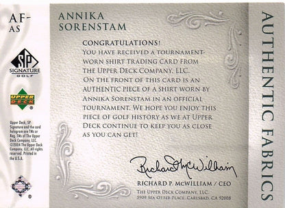 Annika Sorenstam Authentic Fabrics 2004 Upper Deck Real Golf Shirt Card