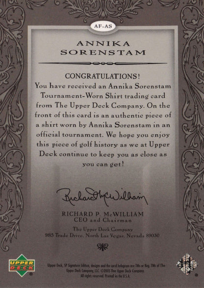 Annika Sorrenstam Authentic Fabrics 2005 SP Golf Upper Deck Worn Shirt Card