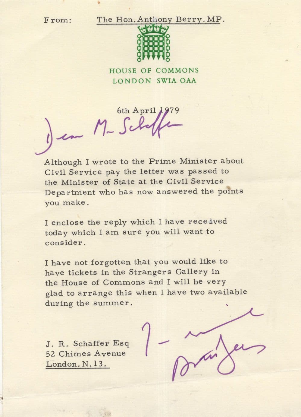 Anthony Berry MP Killed By IRA Hand Signed House Of Commons Letter