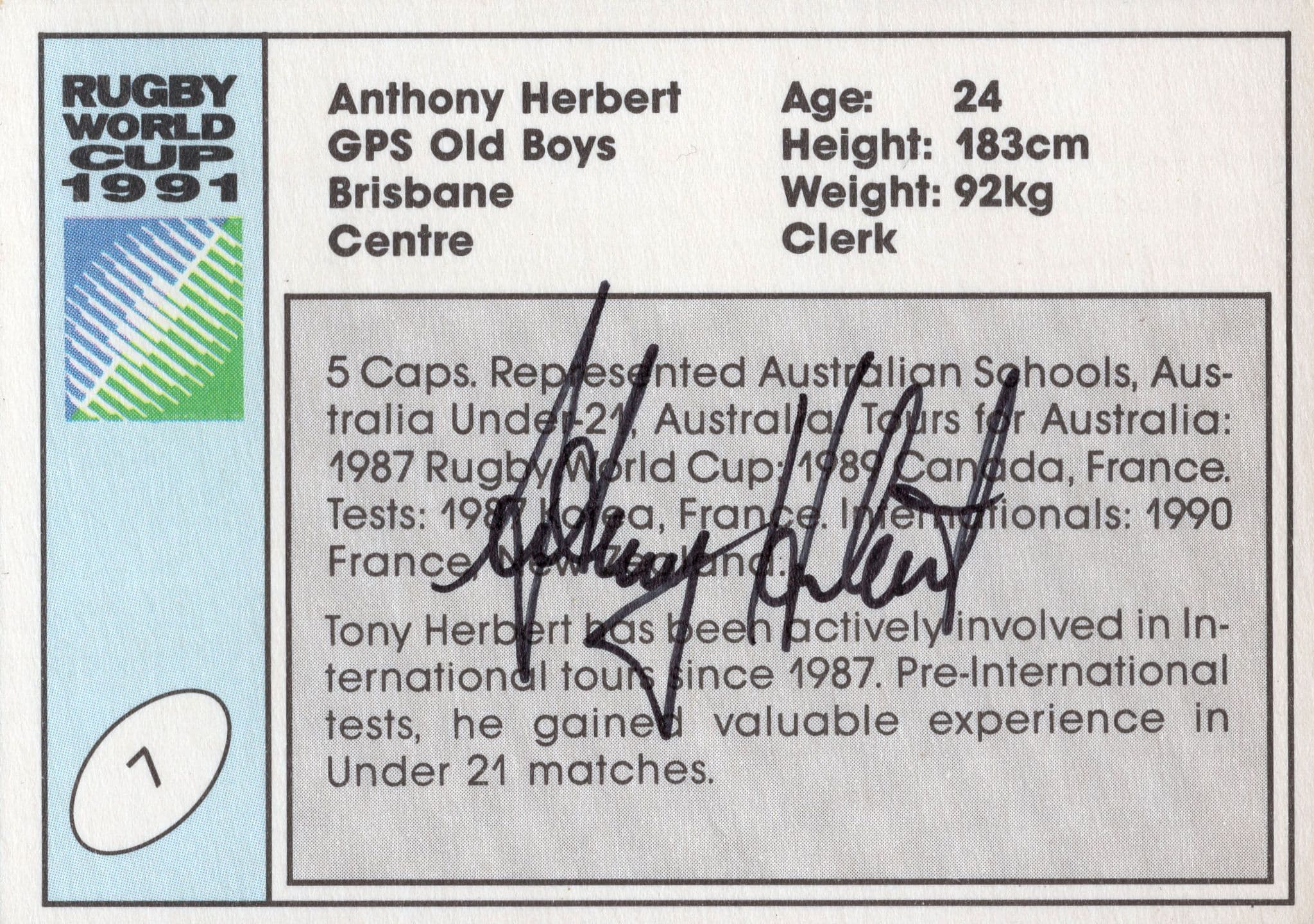 Anthony Herbert Australia Hand Signed Rugby 1991 World Cup Card Photo