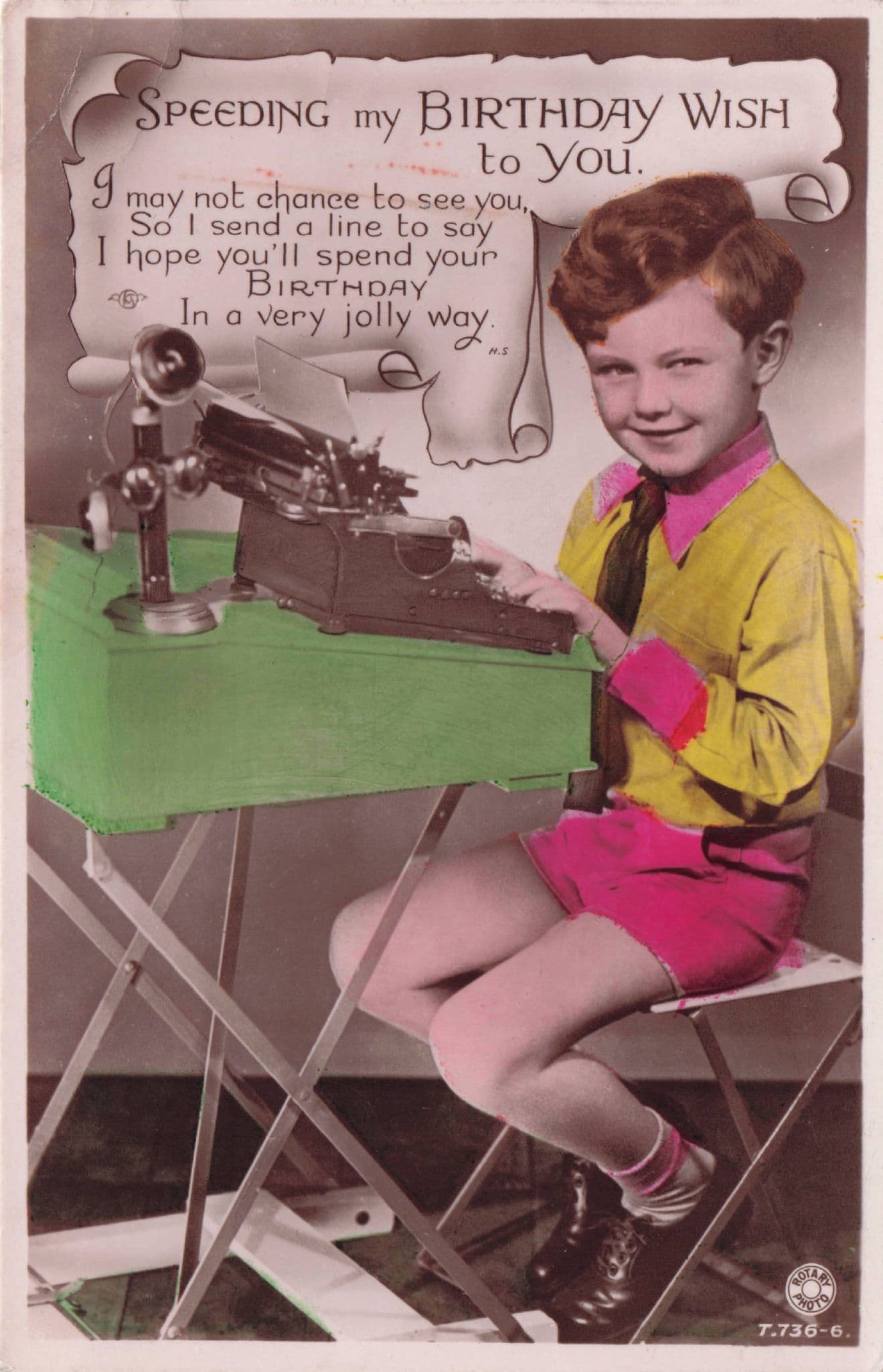 Antique Typewriter & Desk Lamp Greetings Real Photo Birthday Postcard