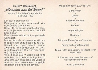 Appelscha Pension Aan De Vaart Hotel Holland 1980s Postcard