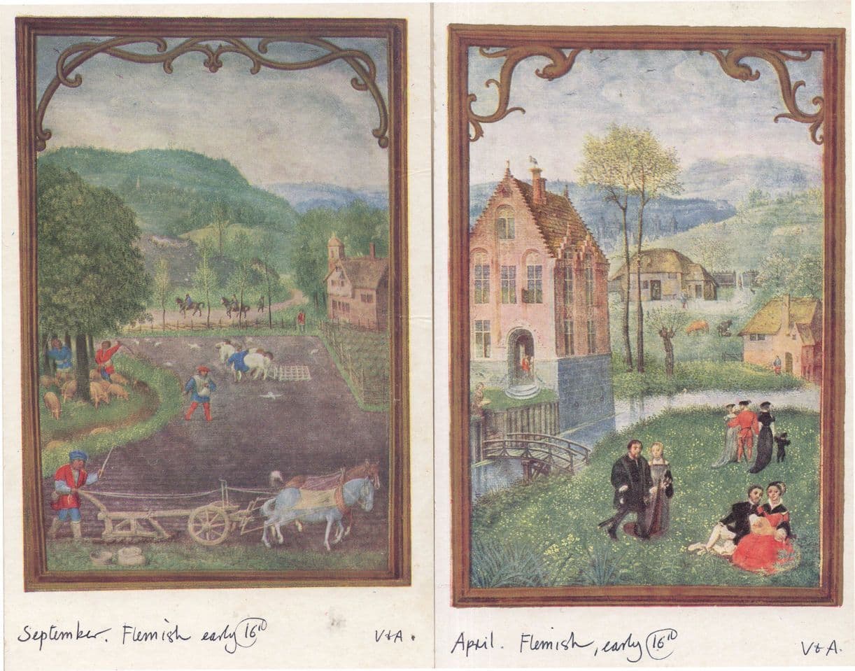 April & September Book Of Hours Flemish Calendar 2x Old Postcard s