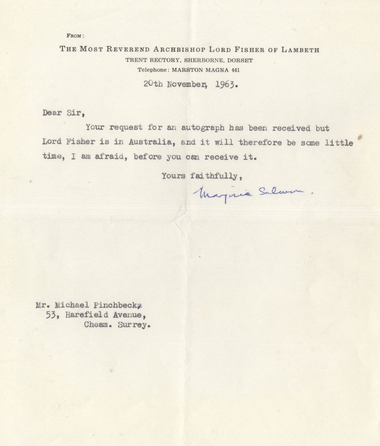 Archbishop Lord  Fisher Of Lambeth Autograph Request 1963 Letter