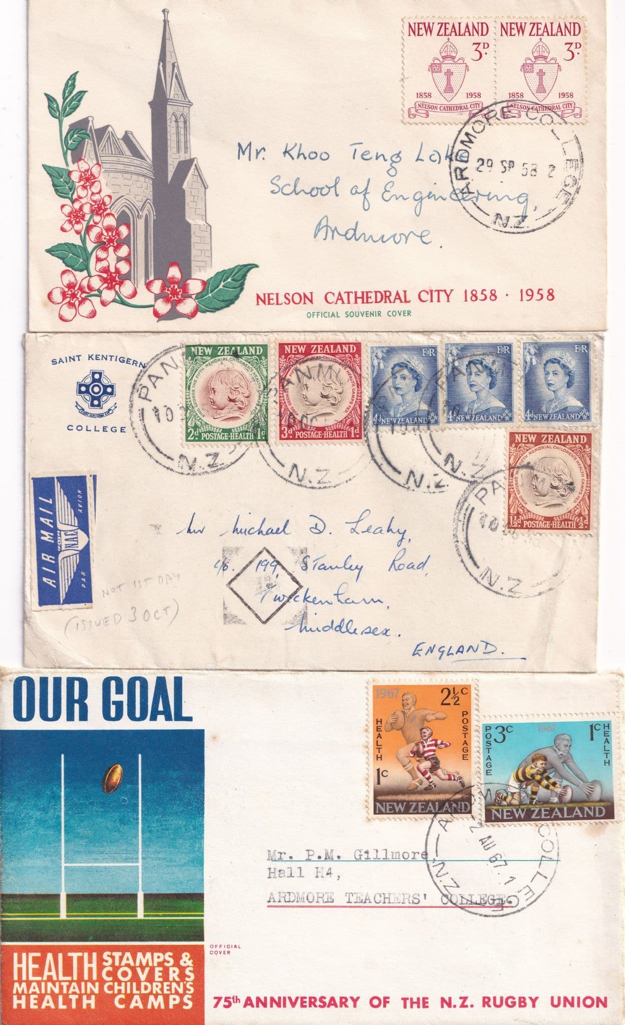 Ardmore Teachers College New Zealand Frank Postmark Rugby FDC 3x Ephemera