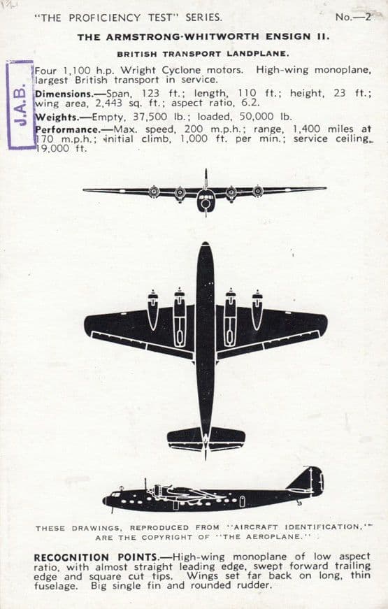 Armstrong Whitworth Ensign Valentines Proficiency Test Series Aircraft Postcard