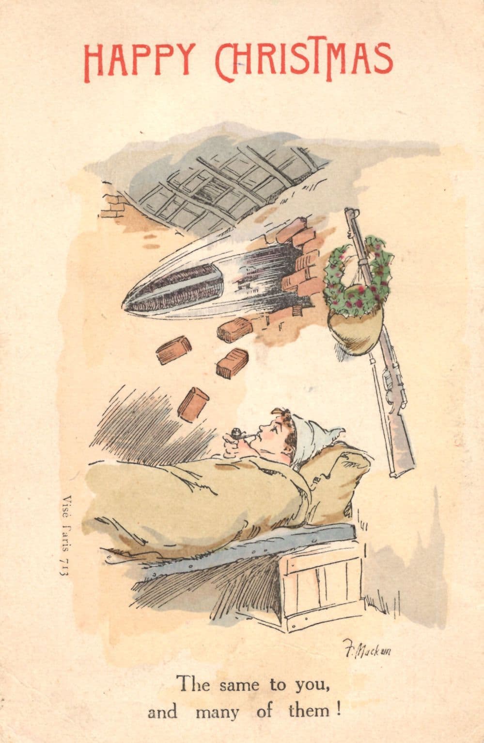 Army Enemy Soldier Sleeping Missile In Bedroom Military Old Comic Postcard