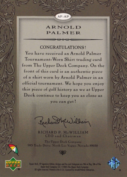 Arnold Palmer Authentic Fabrics 2005 SP Golf Upper Deck Worn Shirt Card