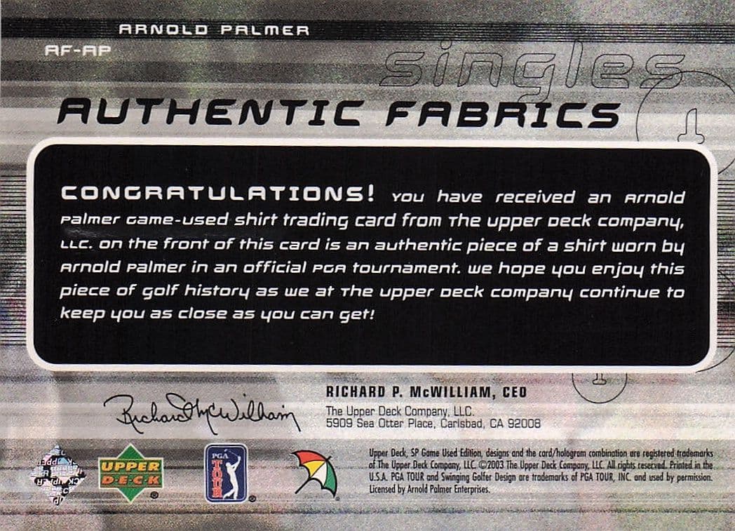 Arnold Palmer Authentic Fabrics Singles PGA Golf 2003 Worn Shirt Card