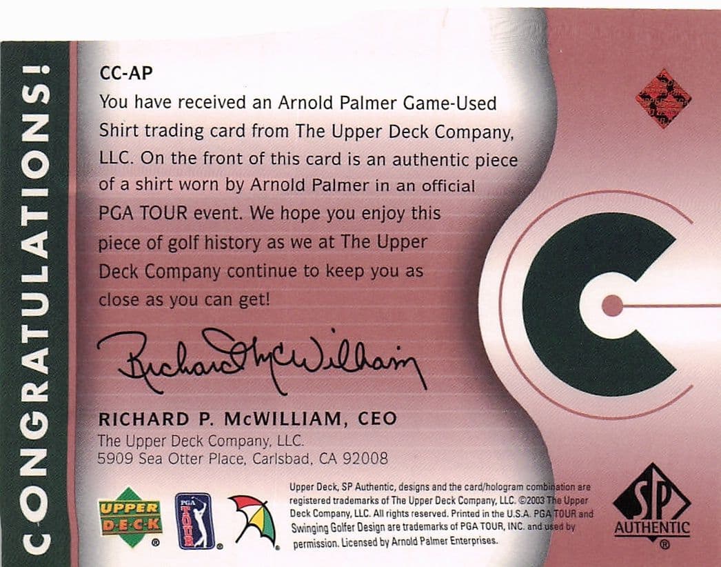 Arnold Palmer Course Classics 2003 Authentic Worn PGA Tour Golf Shirt Card