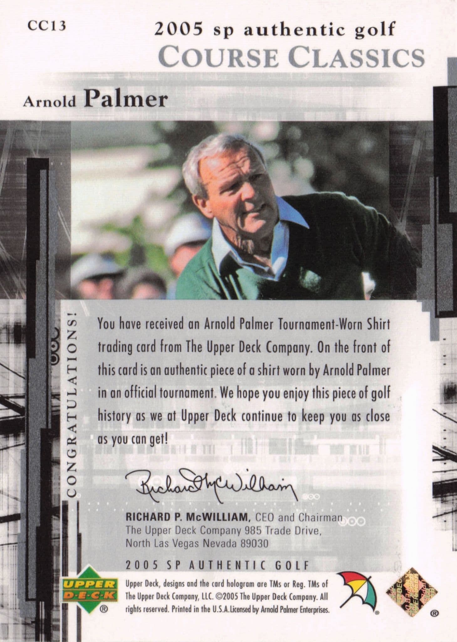 Arnold Palmer Course Classics 2005 Golf SP Upper Deck Worn Shirt Card