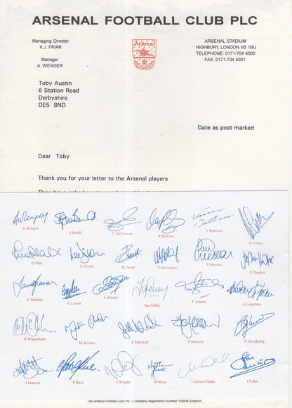 Arsenal Football Vintage Full Squad Signed Photo & Letter From Club