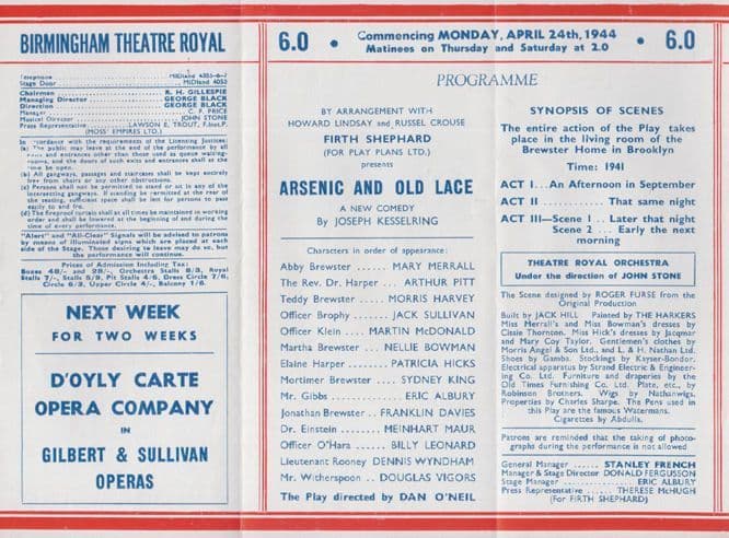 Arsenic & Old Lace Mary Merrall ITV Playhouse Birmingham WW2 Theatre Programme
