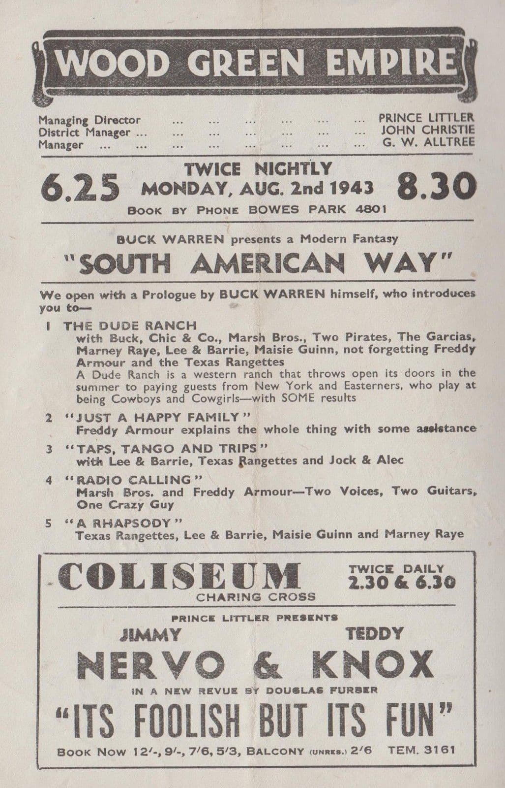 Arthur Askey South American Way London WW2 Wood Green Comedy Theatre Programme