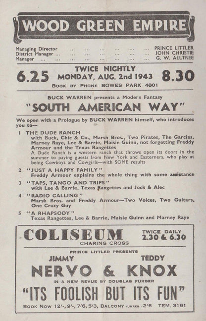 Arthur Askey South American Way London WW2 Wood Green Comedy Theatre Programme