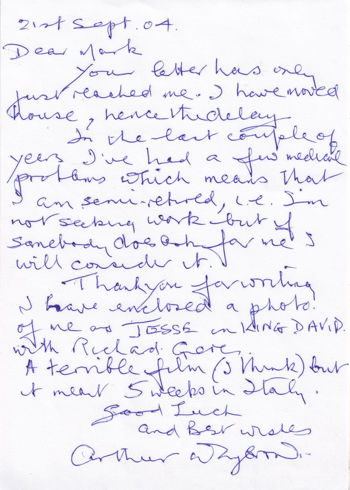 Arthur Whybrow as King David With Richard Gere Hand Signed Letter & Giant Photo