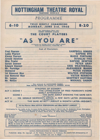 As You Are Campbell Singer Of Tony Hancock Dads Army Nottingham WW2 Theatre Programme