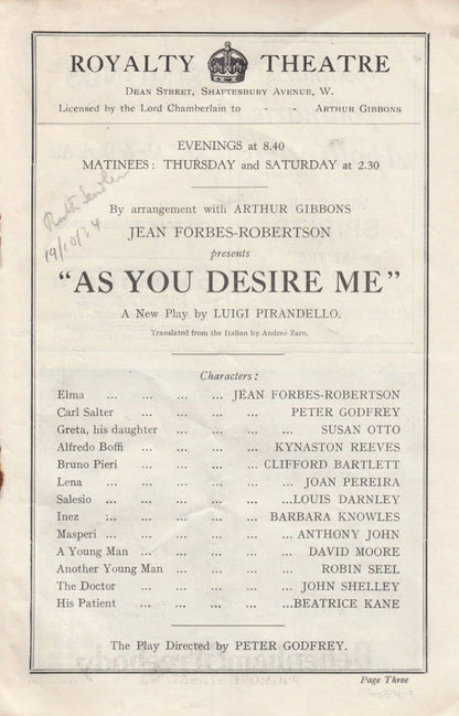 As You Desire Me London Romance Royalty Theatre Programme