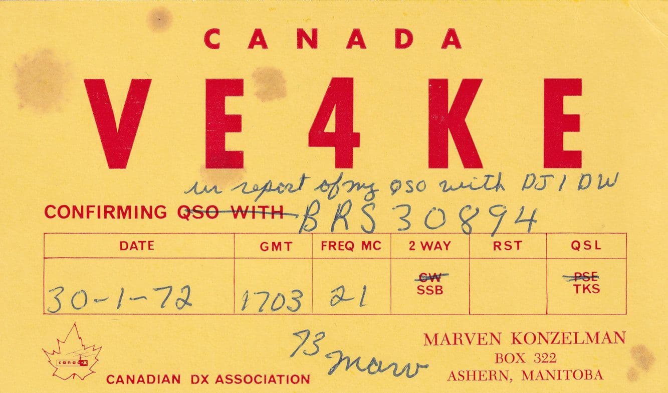 Ashern Manitoba Canada Amateur Radio QSL 1970s Card